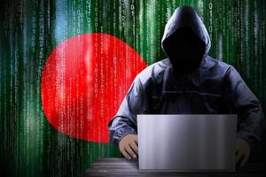 Anonymous Hooded Hacker and Flag Of Bangladesh, Binary Code - Cyber Attack Concept photo