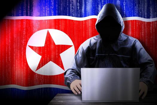 anónimo encapuchado hacker y bandera de norte Corea, binario código - ciber ataque concepto foto
