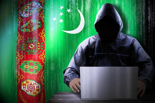 anónimo encapuchado hacker y bandera de turkmenistán, binario código - ciber ataque concepto foto