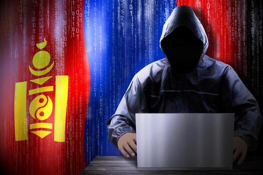 anónimo encapuchado hacker y bandera de Mongolia, binario código - ciber ataque concepto foto
