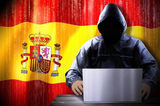 anónimo encapuchado hacker y bandera de España, binario código - ciber ataque concepto foto