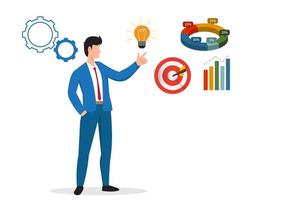 Business intelligence, data analysis for insight making business decision for success, information or report for management concept, businessman hold smart lightbulb with business intelligence data. vector