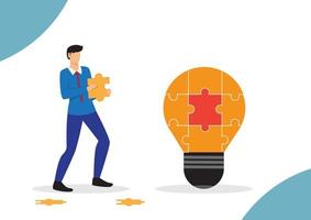 Problem solver, get solution to overcome difficulty, idea, creativity or innovation to fix problem or trouble concept, smart businessman solving lightbulb idea puzzle by connecting last jigsaw piece. vector