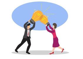 Combine idea, synergy or collaborate to get solution, brainstorm, teamwork or think together to develop great idea concept, businessman, businesswoman join or combine lightbulb idea for best result. vector