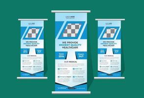 Medical rollup banner design template. Healthcare rollup and standee banner design template. vector