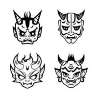 Delightful Hand drawn kawaii oni mask collection set, showcasing cute and charming line art illustrations of traditional Japanese folklore vector