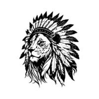 Regal and majestic Hand drawn of lions wearing Indian chief head accessories, evoking a sense of strength and cultural fusion vector