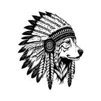 un colección de mano dibujado ilustraciones presentando un lobo vistiendo indio jefe cabeza accesorios. el diseños son negro y blanco y escaparate el lobo con plumas, tocado, y tribal adornos vector
