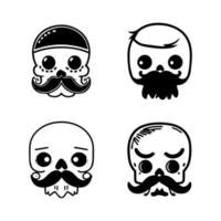 A collection set of cute Hand drawn skulls with mustaches, perfect for adding a playful touch to any design or project. vector