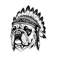 A bulldog wearing Indian chief headgear in Hand drawn line art illustration, perfect for sports teams, mascots, or logos vector