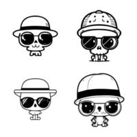 A cool and edgy collection of cute skull characters sporting stylish sunglasses in various poses and expressions. Hand drawn with love vector