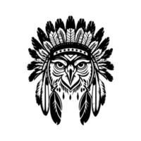 A majestic owl wearing an Indian chief headdress, Hand drawn in detailed and intricate line art illustration vector