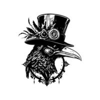 esta negro y blanco mano dibujado ilustración caracteristicas un tema steampunk cuervo, un Perfecto adición a tu oscuro y nervioso diseño proyectos vector