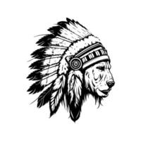 A fierce bear wearing an Indian chief's headgear in a Hand drawn line art illustration vector