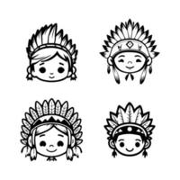Our cute kawaii child head collection features Hand drawn illustrations of kids wearing Indian chief head accessories, perfect for adding some playful charm to your designs vector
