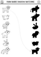 Black and white farm shadow matching activity with baby animals. Country village line puzzle with cute calf, piglet, lamb. Find correct silhouette printable coloring game. On the farm page for kids vector