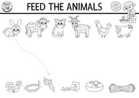 Black and white farm matching activity with animals, food. Country puzzle with rabbit, cow, hen, goat, pig. Match the objects game. Feed the animals printable coloring page. On the farm match up vector