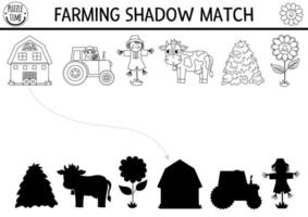 Black and white farm shadow matching activity with traditional country symbols. Rural village line puzzle with cow, farmer. Find correct silhouette printable coloring game. On the farm page for kids vector