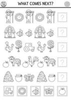 What comes next. Black and white farm matching activity with traditional country symbols. Funny line rural village puzzle. On the farm logical worksheet. Continue the row coloring game vector