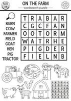 Vector on the farm black and white word search puzzle for kids. Simple farm word search line quiz. Country activity with cow, farmer, tractor, barn. Rural village cross word coloring page