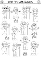 Find two same farmers. On the farm black and white matching activity for children. Rural village coloring page for kids for attention skills. Simple printable line game with cute boy vector