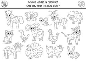 On the farm hide and seek game. Black and white farm matching activity for kids. Seek and find coloring page. Simple printable line game with cute animals. Who is hiding in disguise. Find the real cow vector