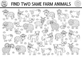 Find two same farm animals. On the farm black and white matching activity for children. Educational coloring page for kids for attention skills. Simple printable game with cute pig, cow, goat, horse vector