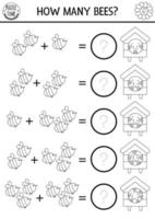 How many bees game with cute insects. On the farm black and white math addition activity. Simple line farm printable counting worksheet or coloring page for kids with beehive vector