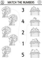 Match the numbers black and white farm game with farmer, apples. Rural country or garden math activity or coloring page. On the farm educational counting worksheet with fruit tree vector