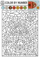 Vector on the farm color by number activity with red barn. Rural country scene black and white counting game with farm house. Coloring page for kids with countryside scene with shed