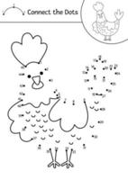 Vector dot-to-dot and color activity with cute hen. On the farm connect the dots game for children with funny farm bird. Rural country coloring page for kids. Printable worksheet