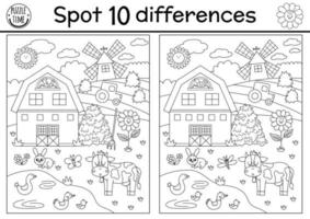 On the farm black and white find differences game for kids. Educational line activity with cute rural village landscape. Countryside scene puzzle with field, barn, animals. Attention coloring page vector