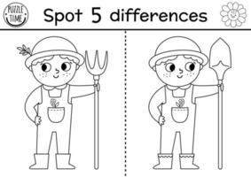 On the farm black and white find differences game for children. Educational line activity with cute farmer boy. Rural country puzzle with funny worker. Attention skills coloring page vector