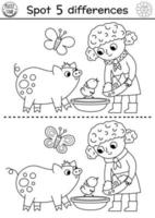 On the farm black and white find differences game for children. Educational line activity with cute girl feeding pig. Rural country puzzle with funny animals and farmer. Attention skills coloring page vector