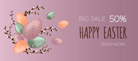 Happy easter sale. Willow branch with the easter eggs on purple background. Can be add text. vector