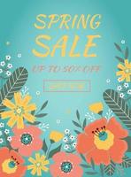 Hello spring. Sale banner with spring flowers, leaves on blue background. vector