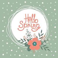 Hello spring. Hello summer. Fowers and leaves on green background. vector