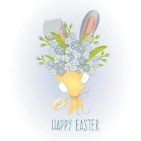 Happy easter. Bouquet forget-me-not flowers with rabbit ears. vector