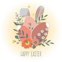 Happy easter. Spring flowers with the easter eggs and rabbit ears on white background. vector