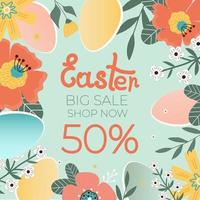 Happy easter sale banner. Flowers with the easter egg on blue background. Can be add text. vector