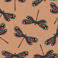 Seamless pattern with hand drawn dragonfly on beige background.. vector