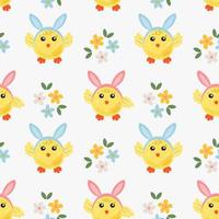 Funny yellow chickens with Bunny Hears in different poses seamless pattern Cartoon Easter chick seamless pattern for design of the cover, product packaging, advertising banner, postcard, printing vector