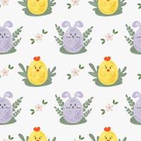 Easter pattern motive cute cartoon characters eggs chicken Happy Easter seamless pattern for gift wrapping paper, textile, cover, product packaging, advertising banner, greeting cards. vector