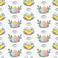 Funny yellow chickens with Bunny Hears. Happy Easter, seamless pattern textile wrapping design for design of the cover, product packaging, advertising banner, postcard, printing on textile. vector
