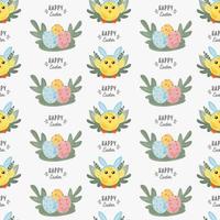 Funny yellow chickens with Bunny Hears. Happy Easter, seamless pattern textile wrapping design for design of the cover, product packaging, advertising banner, postcard, printing on textile. vector