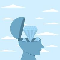 Head and diamond, excellence concept, self esteem and confidence, talent or potential, big head with diamond filling, vector flat illustration