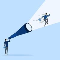 Mission or career path concept, businessman looking through telescope sees himself running to reach goal. strong vision to drive business success, ambition to set direction and achieve goals. vector