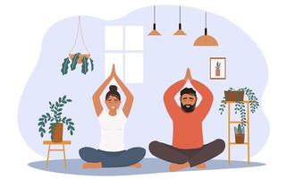 Couple man and woman doing yoga, exercising in a room with plants, meditating. Active lifestyle, health care. Vector graphics.