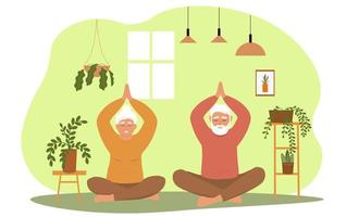 An elderly couple is doing exercises in a room with plants. An old woman and a man are sitting in a lotus position on the floor, meditating. Vector graphics.