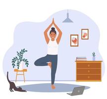 un mujer lo hace yoga a hogar en un habitación, soportes en uno pierna. ejercicios para meditación, salud, extensión. vector plano gráficos.